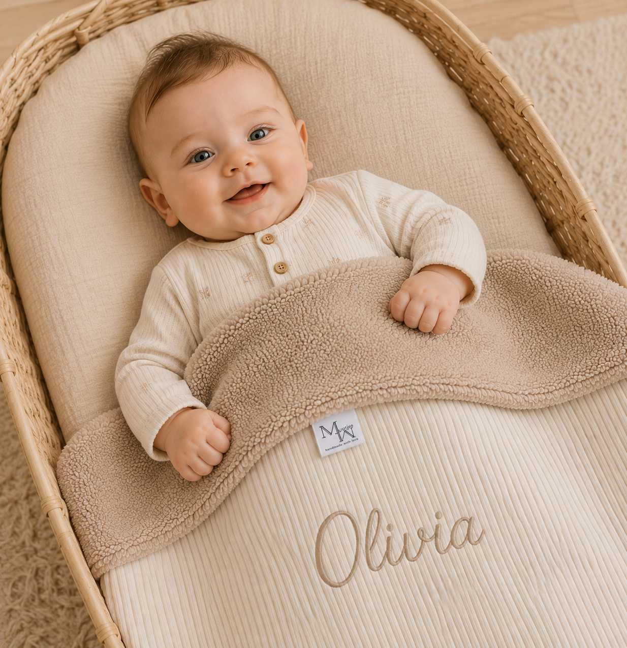 Deken Mauties Mama Luxe White rib & Teddy taupe