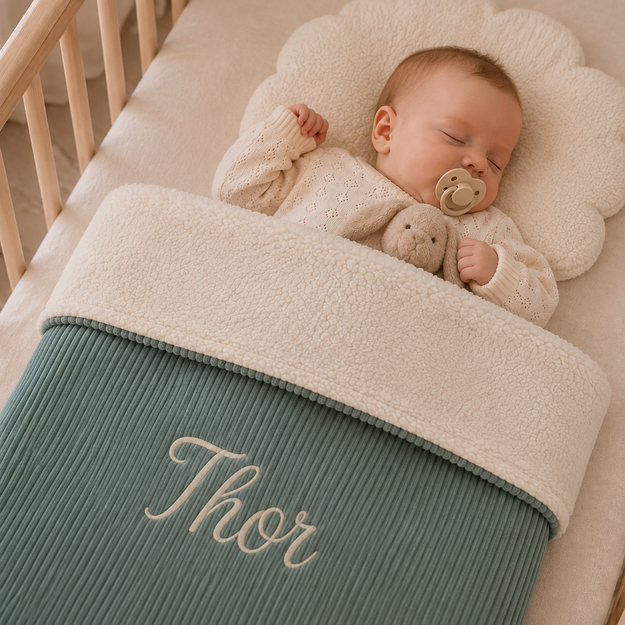 Deken Mauties Mama Oud groen rib & Teddy wit